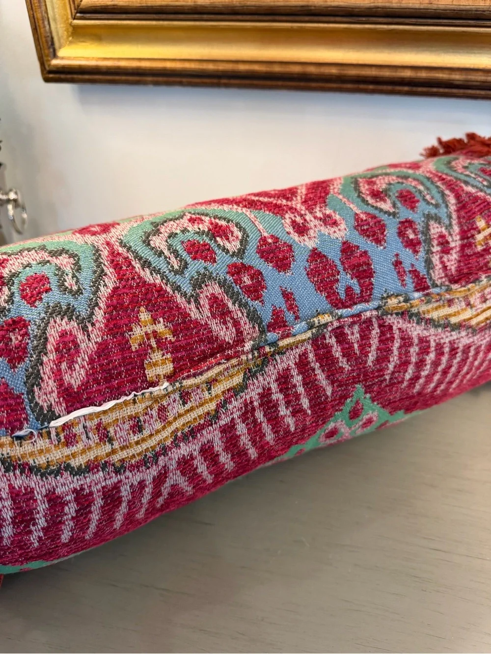 Ikat Pattern Bolster Pillow Fringe Decorative Bohemian Vibrant Burgundy Lumbar